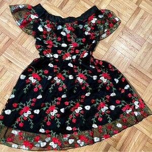 Floral Embroidered Dress - Black, Red, and White.